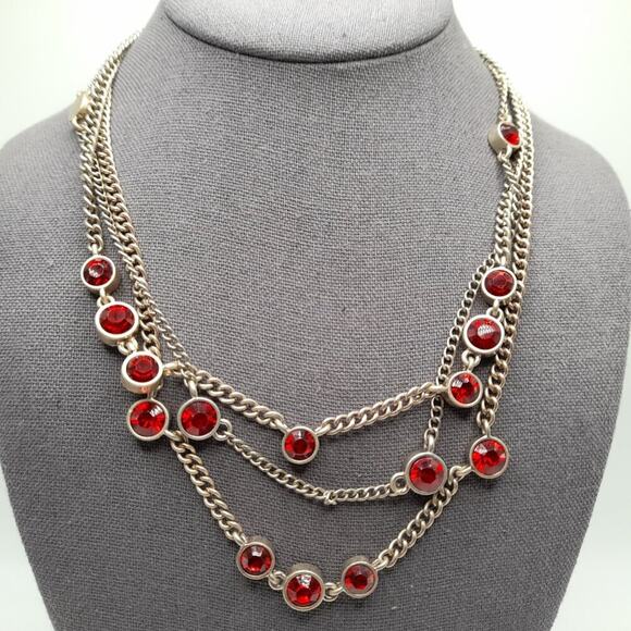 Chico's Red Rhinestone Necklace, Three Strands, Gold Tone, 22 Inches - Picture 2 of 10